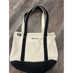 Lands End Canvas Tote Bag Black Bottom Cream Top Handles Logo